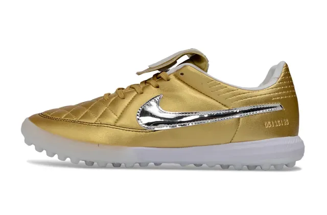 Nike Gold Silver Metallic Quilted Leather Upper Reflective Swoosh Turf Soccer Shoes 6