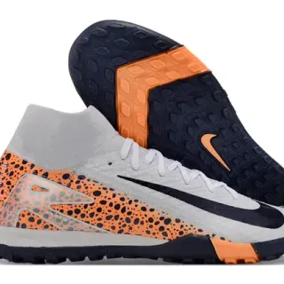 Nike Gray Orange High-Top Sock-Fit Collar Speckled Synthetic Overlay Turf Soccer Shoes