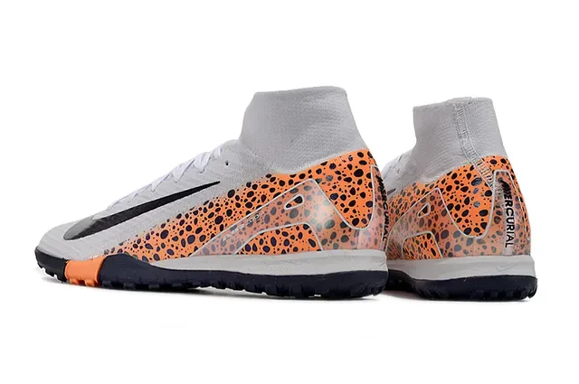 Nike Gray Orange High-Top Sock-Fit Collar Speckled Synthetic Overlay Turf Soccer Shoes 4