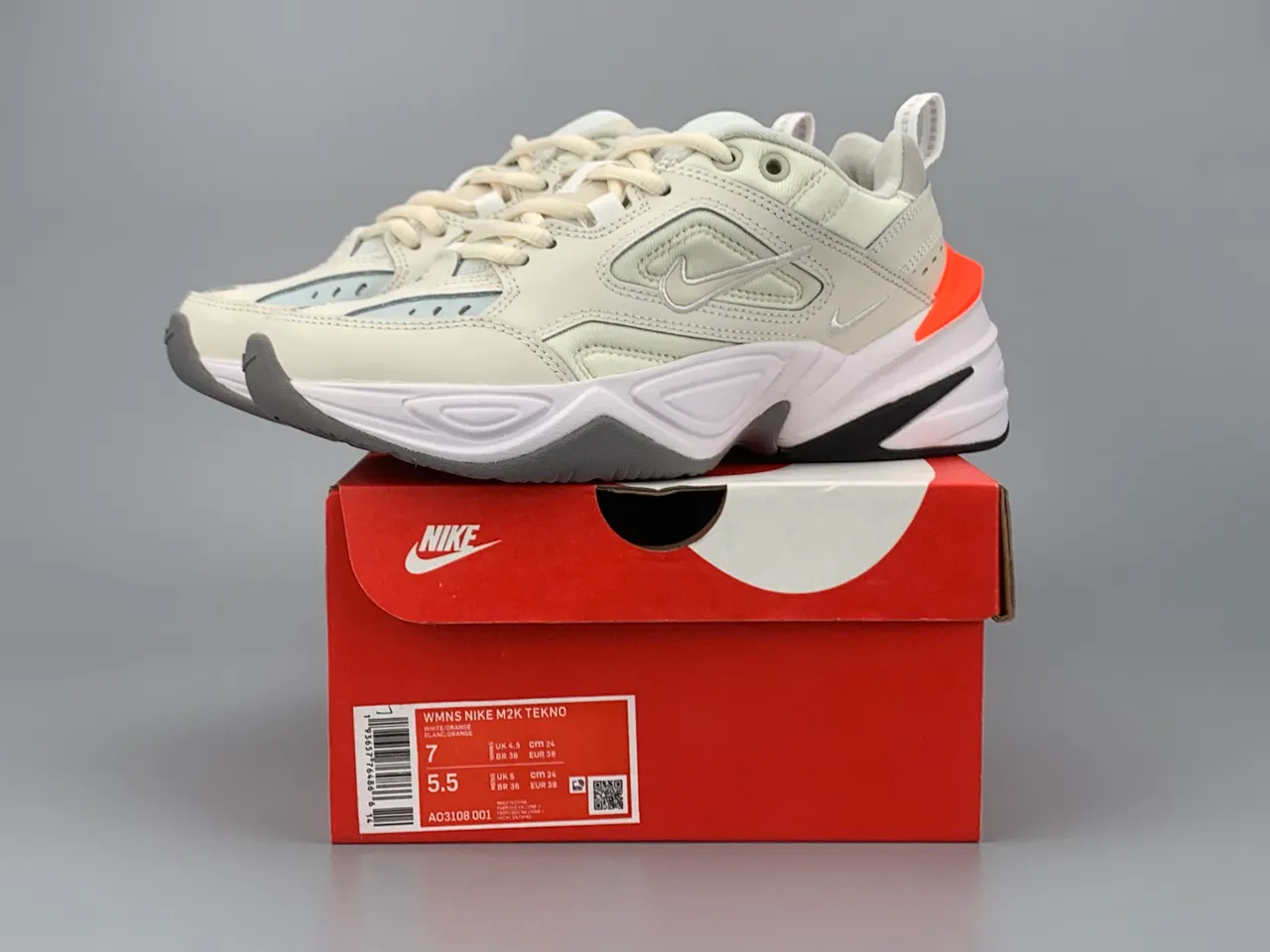 Nike M2K Tekno Beige Orange Layered Synthetic Overlays Sculpted Wavy Midsole Chunky Sneakers 2