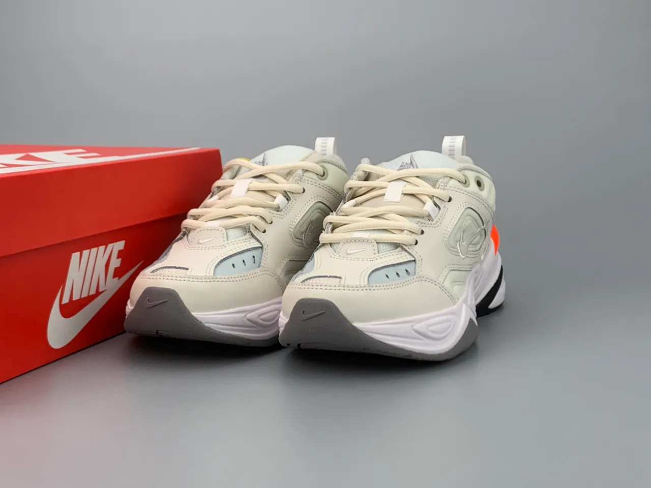 Nike M2K Tekno Beige Orange Layered Synthetic Overlays Sculpted Wavy Midsole Chunky Sneakers 4