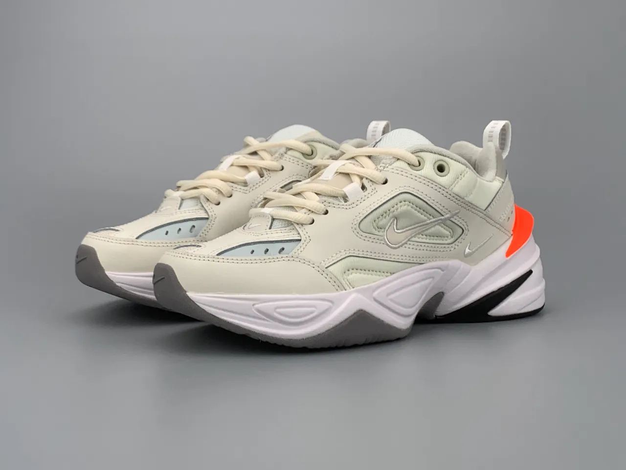 Nike M2K Tekno Beige Orange Layered Synthetic Overlays Sculpted Wavy Midsole Chunky Sneakers 7