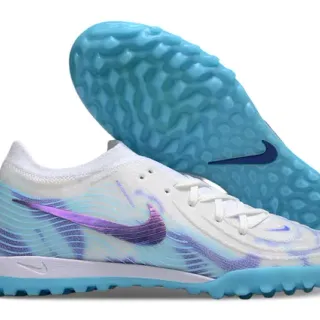 Nike Mercurial Vapor Parte superior de punto blanco y azul Swoosh púrpura iridiscente zapatos de fútbol turf