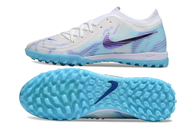 Nike Mercurial Vapor Haut tricoté blanc et bleu Swoosh violet iridescent chaussures de football turf 6