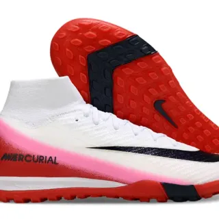 Nike Mercurial White Pink High-Cut Flyknit Upper Asymmetrical Lacing Turf Soccer Shoes