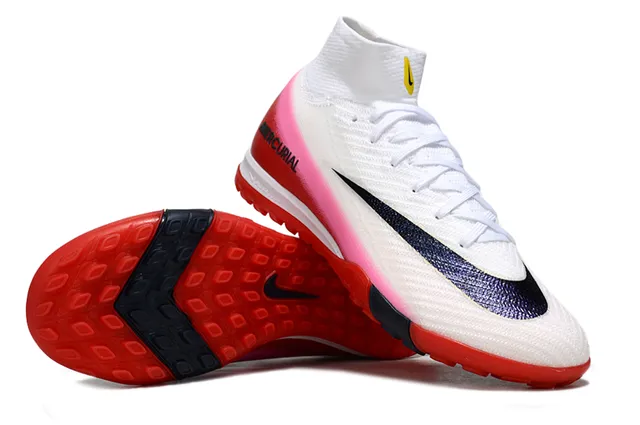 Nike Mercurial Blanc Rose Haut-Coupé Flyknit Supérieur Lacets Asymétriques Turf Chaussures de Football 2