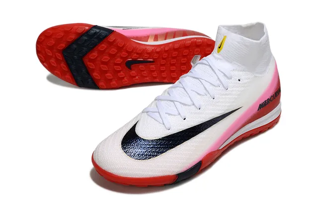 Nike Mercurial Blanc Rose Haut-Coupé Flyknit Supérieur Lacets Asymétriques Turf Chaussures de Football 3