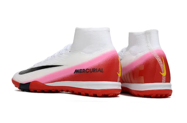Nike Mercurial Blanc Rose Haut-Coupé Flyknit Supérieur Lacets Asymétriques Turf Chaussures de Football 4