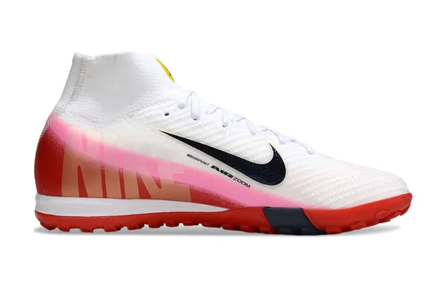 Nike Mercurial Blanc Rose Haut-Coupé Flyknit Supérieur Lacets Asymétriques Turf Chaussures de Football 5