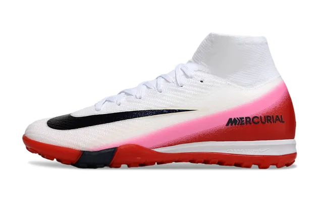 Nike Mercurial Blanc Rose Haut-Coupé Flyknit Supérieur Lacets Asymétriques Turf Chaussures de Football 6