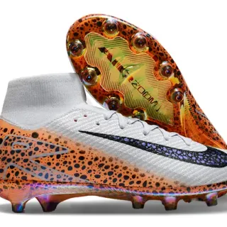 Nike Orange White High-Cut Flyknit Upper Iridescent Outsole Firm-Ground Soccer Shoes
