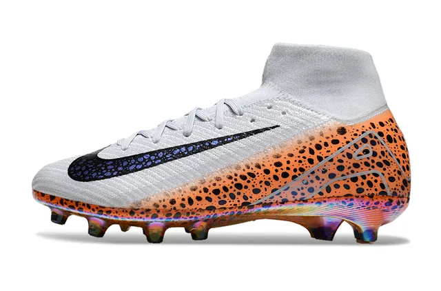 Nike Orange White High-Cut Flyknit Upper Iridescent Outsole Firm-Ground Soccer Shoes 7
