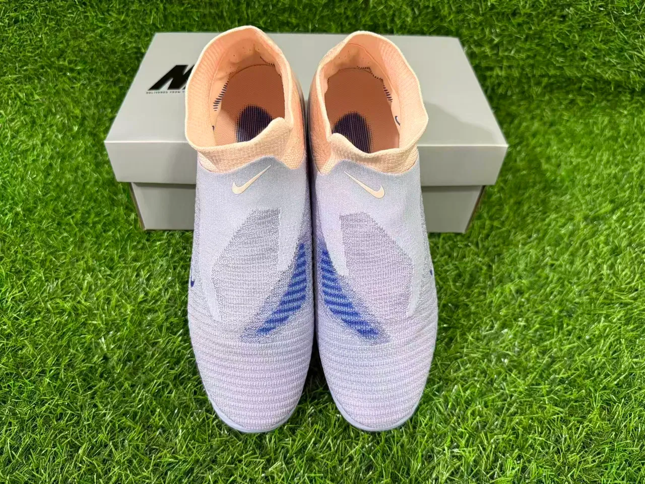 Nike Phantom GT Beige Blue Sock-Fit Collar Flyknit Upper Firm-Ground Soccer Shoes 6