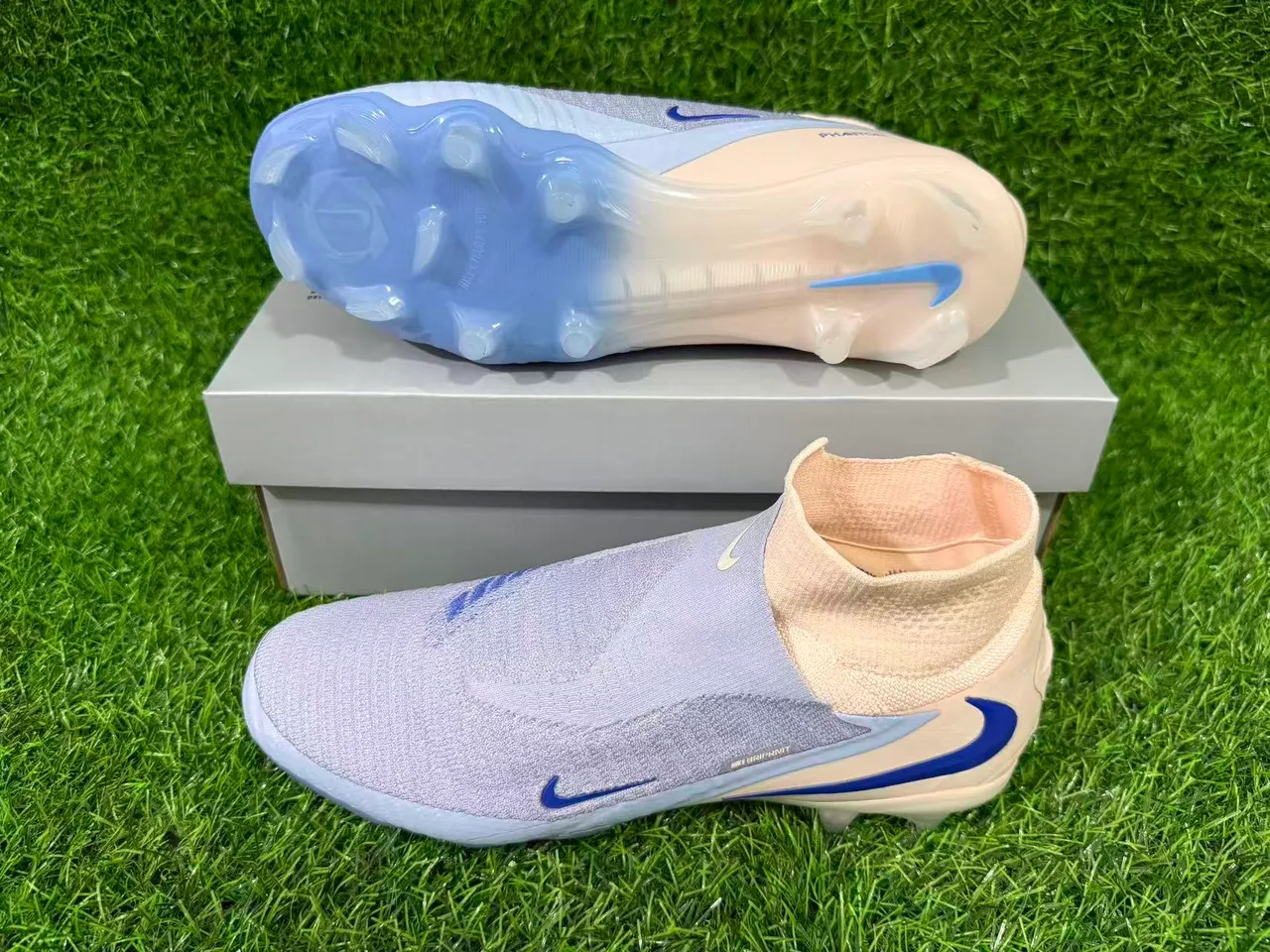 Nike Phantom GT Beige Blue Sock-Fit Collar Flyknit Upper Firm-Ground Soccer Shoes 7