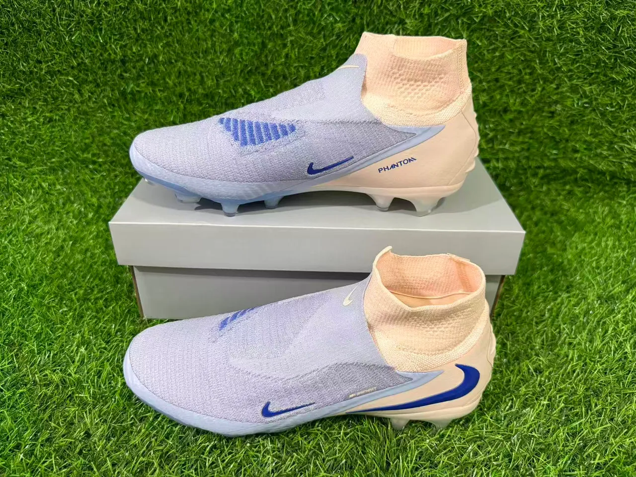 Nike Phantom GT Beige Blue Sock-Fit Collar Flyknit Upper Firm-Ground Soccer Shoes 8