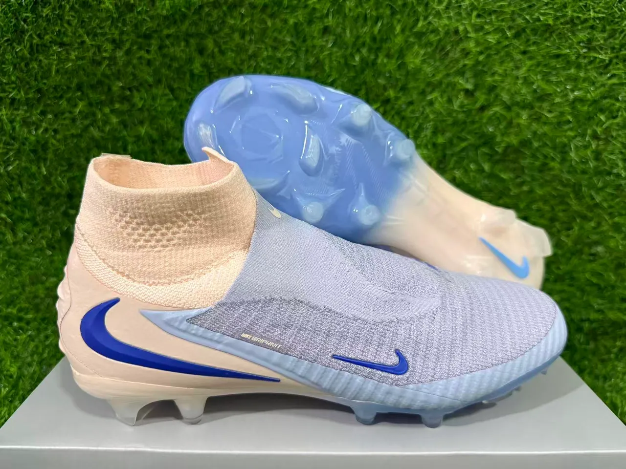 Nike Phantom GT Beige Blue Sock-Fit Collar Flyknit Upper Firm-Ground Soccer Shoes 10