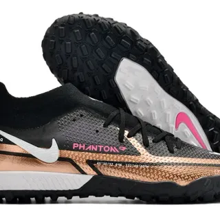 Nike Phantom GT Negro Dorado Cuello Ajuste de Calcetín Banda Metálica Césped Zapatos de Fútbol