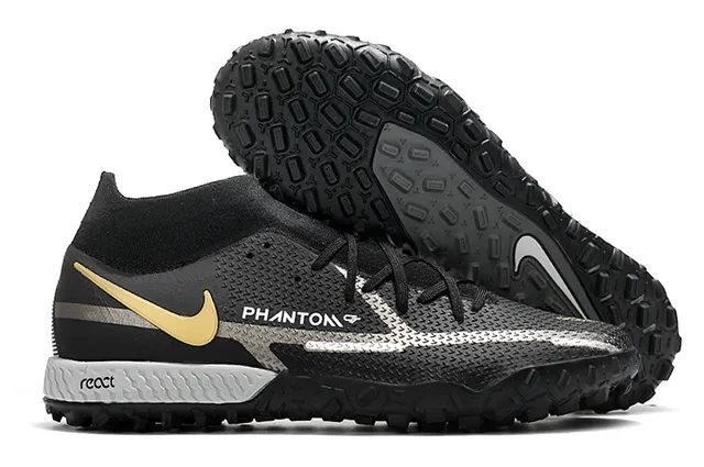 Nike Phantom GT Preto Dourado Colar Ajuste de Meia Faixa Metálica Gramado Sapatos de Futebol 17