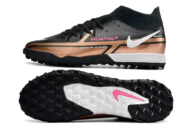 Nike Phantom GT Preto Dourado Colar Ajuste de Meia Faixa Metálica Gramado Sapatos de Futebol 22