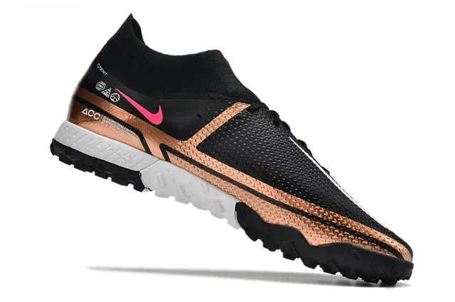 Nike Phantom GT Preto Dourado Colar Ajuste de Meia Faixa Metálica Gramado Sapatos de Futebol 23