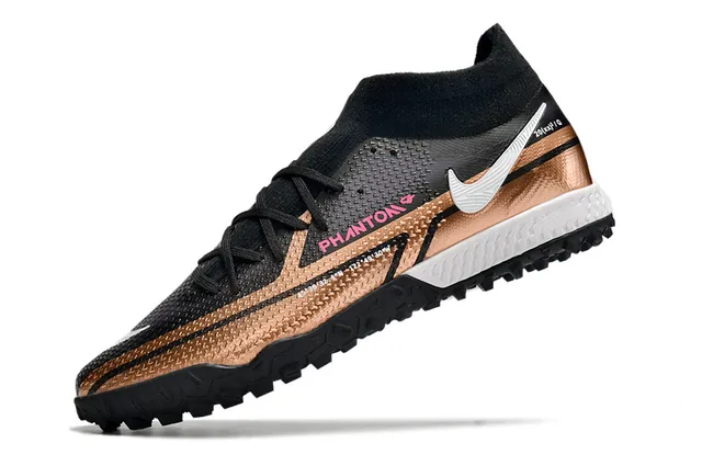Nike Phantom GT Preto Dourado Colar Ajuste de Meia Faixa Metálica Gramado Sapatos de Futebol 24