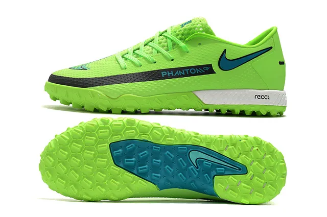 Nike Phantom GT Verde Azul Sapatos de Futebol para Relva de Corte Baixo com Colar de Ajuste a Meia, Parte Superior Sintética Texturizada 19