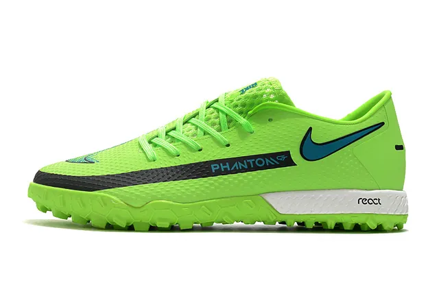 Nike Phantom GT Verde Azul Sapatos de Futebol para Relva de Corte Baixo com Colar de Ajuste a Meia, Parte Superior Sintética Texturizada 22