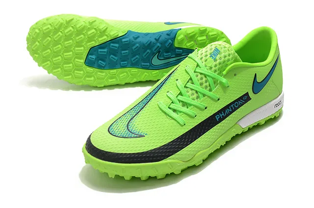 Nike Phantom GT Verde Azul Sapatos de Futebol para Relva de Corte Baixo com Colar de Ajuste a Meia, Parte Superior Sintética Texturizada 23