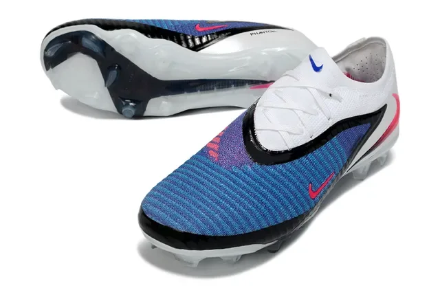 Nike Phantom GT sapatos de fútbol blanco y azul con upper de knit de corte bajo para terreno firme 13