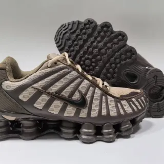 Nike Shox Brown Beige Segmented Heel Pods Layered Synthetic Cage Overlay Lifestyle Sneakers