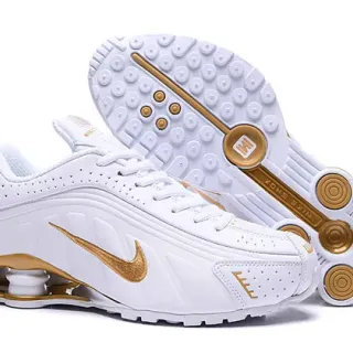 Nike Shox White Gold Perforated Synthetic Upper Swoosh Lifestyle Sneakers