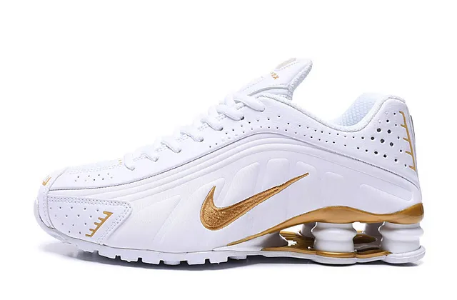 Nike Shox White Gold Perforated Synthetic Upper Swoosh Lifestyle Sneakers 2