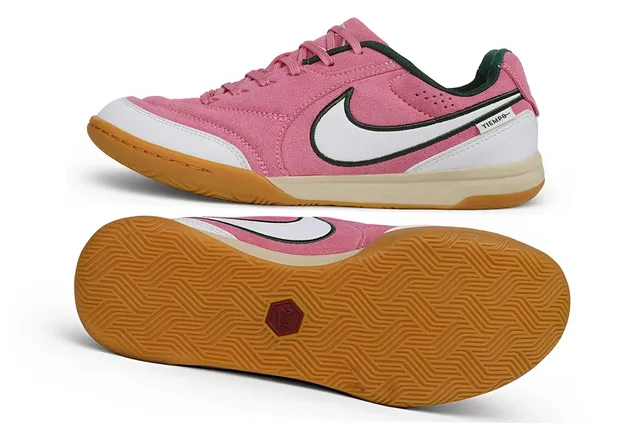 Nike Tiempo Rosa Branco Camurça Superior Sobreposições Sintéticas Sapatos de Futebol Indoor 4