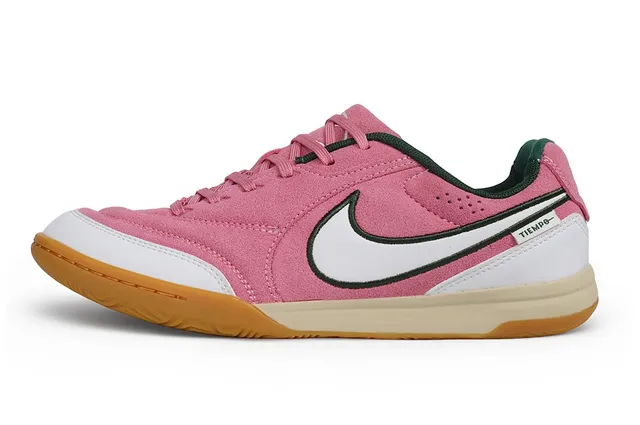 Nike Tiempo Rosa Branco Camurça Superior Sobreposições Sintéticas Sapatos de Futebol Indoor 5