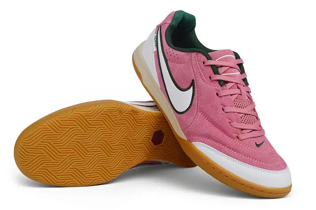 Nike Tiempo Rosa Branco Camurça Superior Sobreposições Sintéticas Sapatos de Futebol Indoor 7