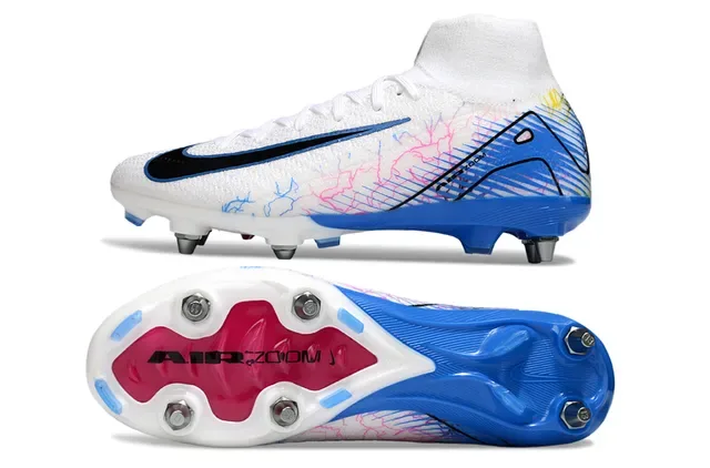 Nike White Blue High-Cut Sock-Fit Upper Multicolor Graphic Overlays Firm-Ground Soccer Shoes 6
