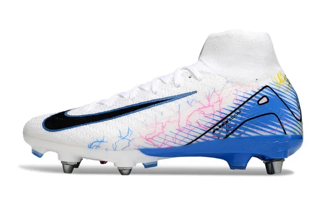 Nike White Blue High-Cut Sock-Fit Upper Multicolor Graphic Overlays Firm-Ground Soccer Shoes 7