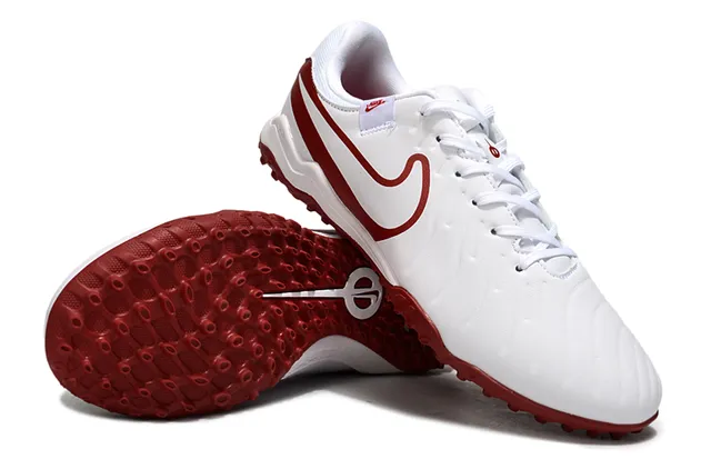 Nike blanco rojo bajo perfil sintético superior costura superposición construcción césped zapatos de fútbol 4