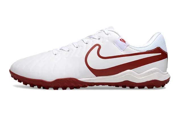 Nike blanco rojo bajo perfil sintético superior costura superposición construcción césped zapatos de fútbol 7