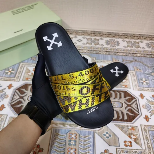 Off-White Slides Noirs et Jaunes à Ruban Industriel 2