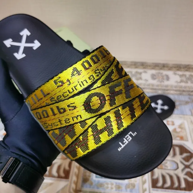 Off-White Slides Noirs et Jaunes à Ruban Industriel 4