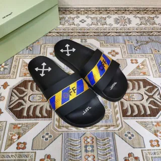 Off-White Slide Black Blue Yellow Industrial Stripe Slippers