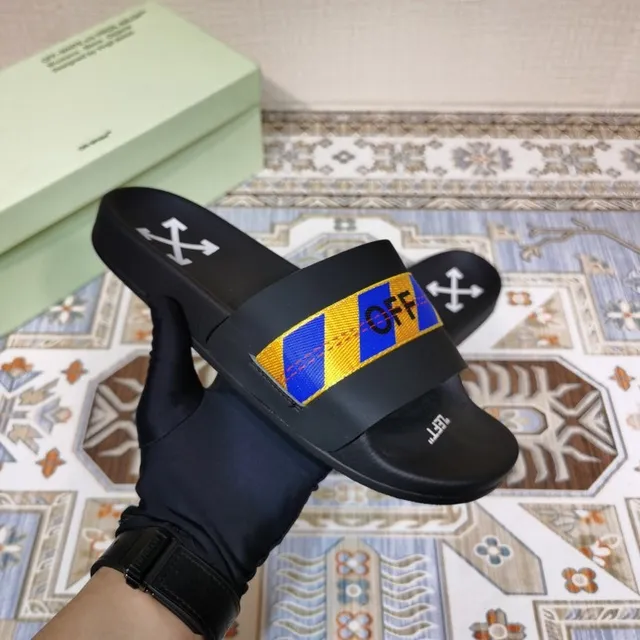 Off-White mule noir bleu jaune rayures industrielles 6