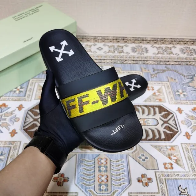 Off-White Slide Noir Jaune Sangle Industrielle Chaussons 2