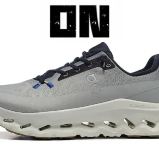 On Cloudmonster Light Gray Navy Running Shoes