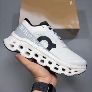 On White Black Engineered Mesh Upper Hollowed Hexagonal CloudTec Midsole Running Shoes