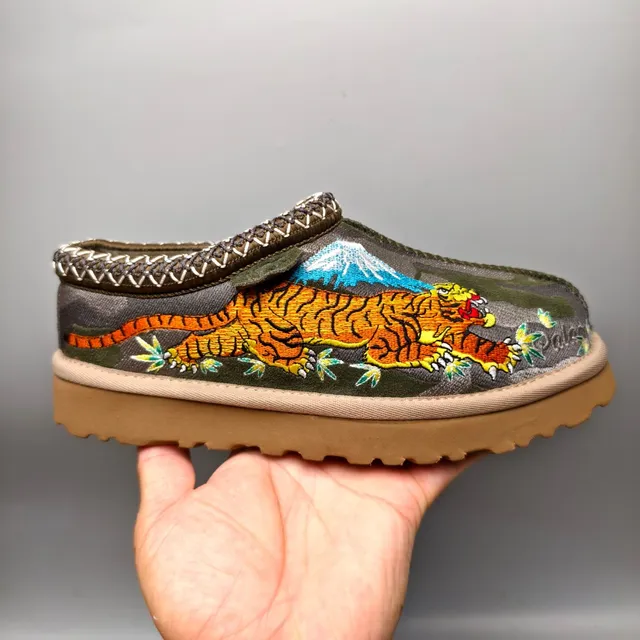 Palace Slipper Army Green Beige Embroidered Tiger Motif Camouflage Textile Upper Casual Shoes 2