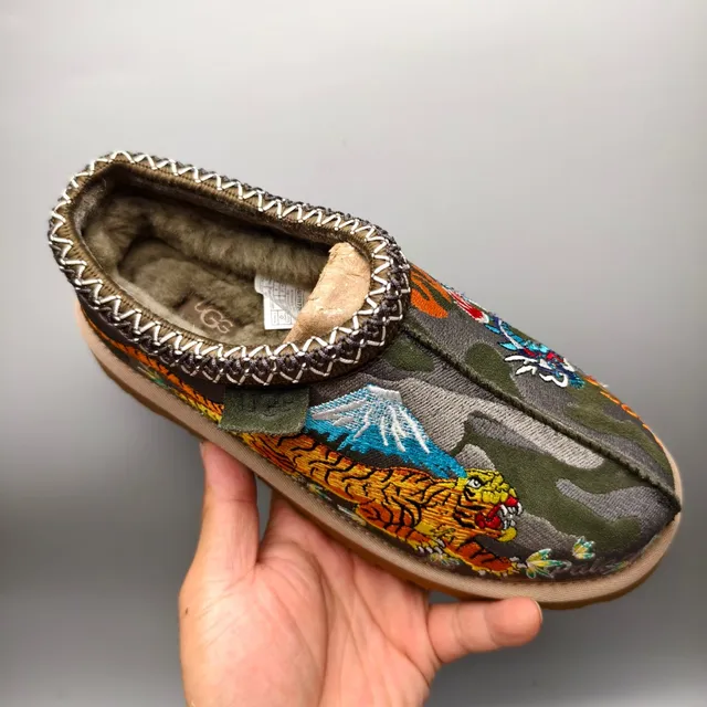 Palace Slipper Army Green Beige Embroidered Tiger Motif Camouflage Textile Upper Casual Shoes 3