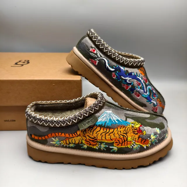 Palace Slipper Army Green Beige Embroidered Tiger Motif Camouflage Textile Upper Casual Shoes 6