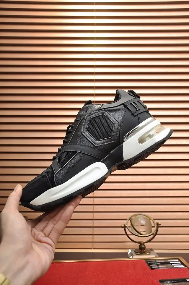Philipp Plein Active Sneakers Chunky Noir et Blanc à Logo Hexagonal PP en Maille et Cuir 5